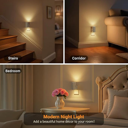 JandCase Night Lights Plug into Wall, Dimmable Gray Night Lights with Dusk to Dawn Light Sensor, Soft White 3000K, 0-100LM Adjustable Brightness Nightlight for Hallway Bathroom, 2 Pack