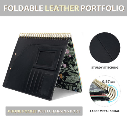 Ospelelf Clipboard with Storage for Women, Leather Padfolio Portfolio Organizer 5 Folders with 10 Pockets, Spiral Clipboard Folio with Notepad for Letter Size, Elastic Closure and Pen Loop Floral