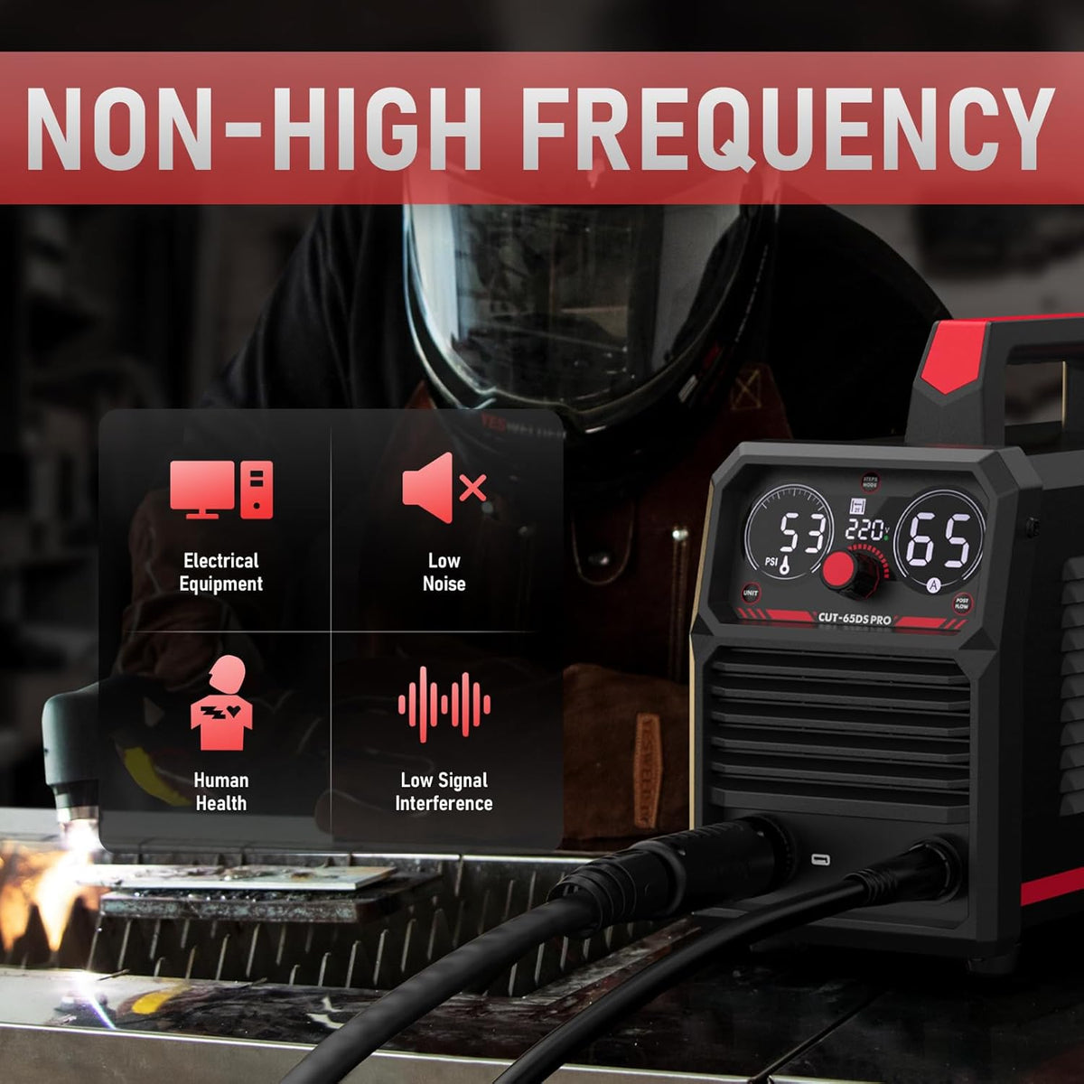 YESWELDER Plasma Cutter 65Amp Non-High Frequency Non-Touch Pilot Arc, Digital Display DC Inverter 110/220V Dual Voltage Blowback Plasma Cutting Machine CUT-65DS PRO