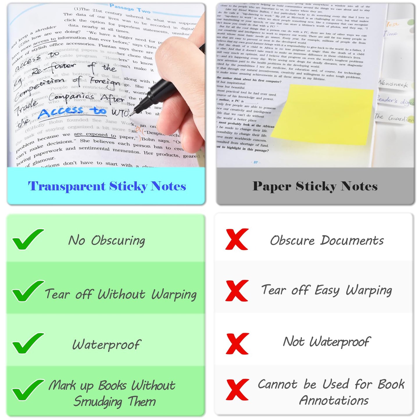 BAYTORY 1300 Sheets Pastel Transparent Sticky Notes, Clear Waterproof 3 x 3 inch See Through Memo Pad, Self-Adhesive Translucent Writable Index Tabs for Annotating Books, Stationary Supplies