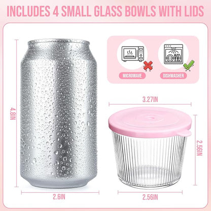 4 Sets Small Glass Bowls with Pink Lids 6.8oz Ribbed Clear Glass Containers Stackable Dessert Custard Pudding Cups Condiment Bowls for Sauces Dips Nuts Oats Candy Dessert Cereal