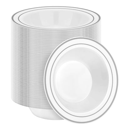 BESTSTAR 200 Pack Disposable Soup Bowls with Silver Rim, 12oz Premium Heavy Duty Plastic Dinner Bowls for Party, Wedding and Holiday