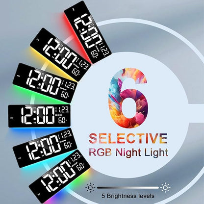 16" Bluetooth Large Digital Wall Clock/Auto Time Sync, 10 RGB Colors Digital Clock Large Display with Remote, Auto-Dimming/DST, Calendar, Timer, Alarm, 6 Night Lights Big Clock for Decor