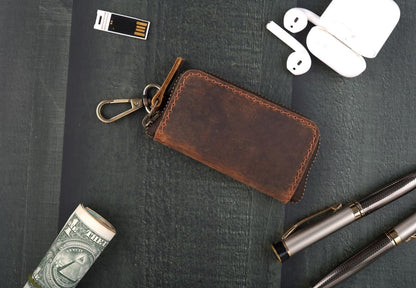 Handmade Full Grain Leather Car Key Holder & Zippered Coin Purse | Belt Loop Key Chain, Compact Earphone Holder, Multi-Functional Money Purse, Elegant Leather Accessory, Versatile Key Organizer