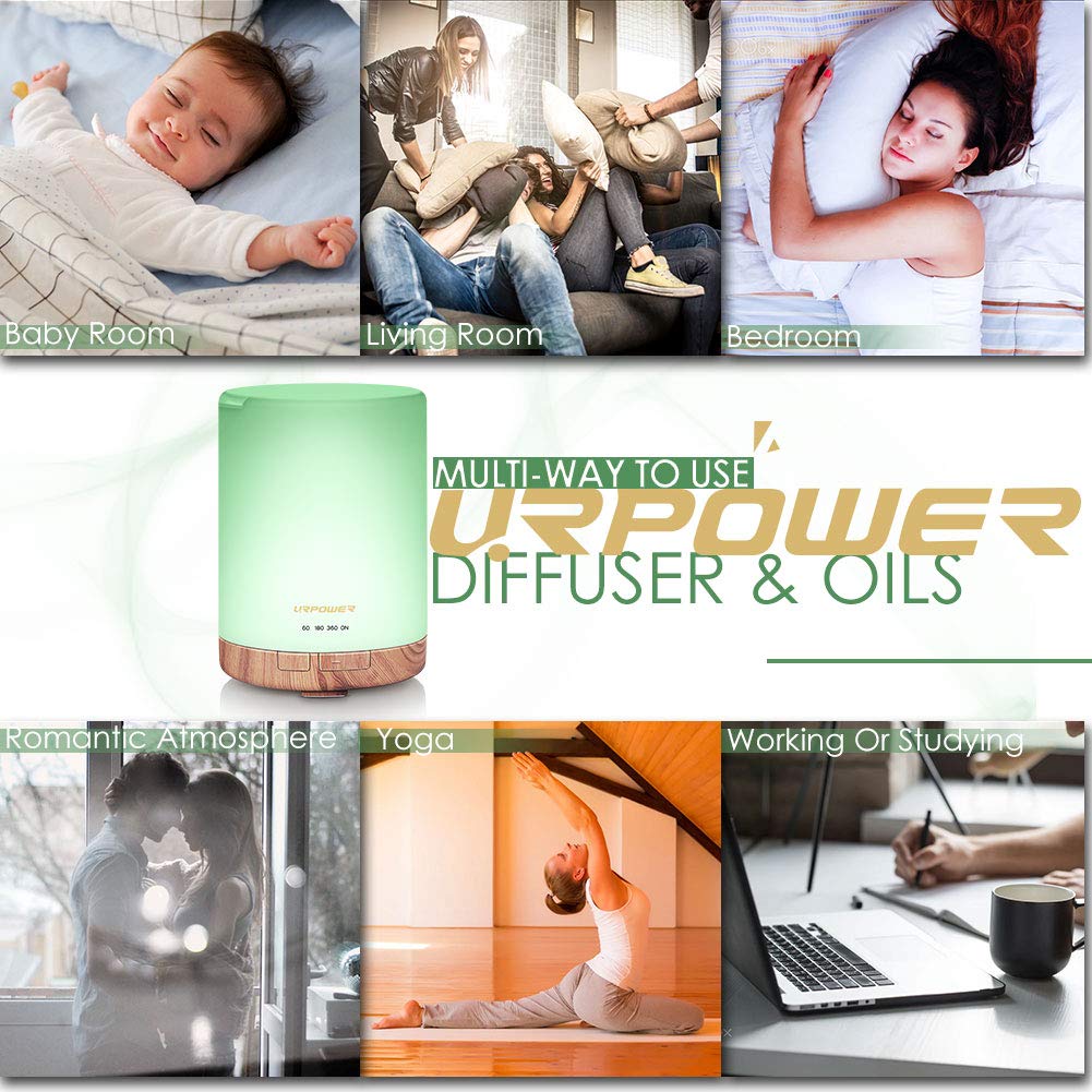 URPOWER 300ml Aromatherapy Essential Oil Diffuser Ultrasonic Air Humidifier AUTO Shut Off Scent Diffuser Night Light 7 Color Changing LED Lights and 4 Timer Settings for Bedroom Office Home