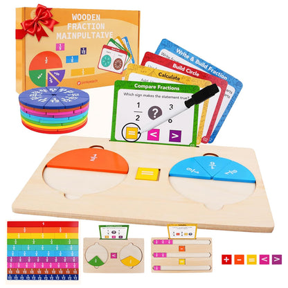 Fraction Manipulatives for Kids, Wooden Fraction Tiles, Fraction Circles & Fraction Bars, Montessori Math Manipulatives with 36 Activity Cards, Compare Fractions, Addition & Subtraction, Grade 1-4
