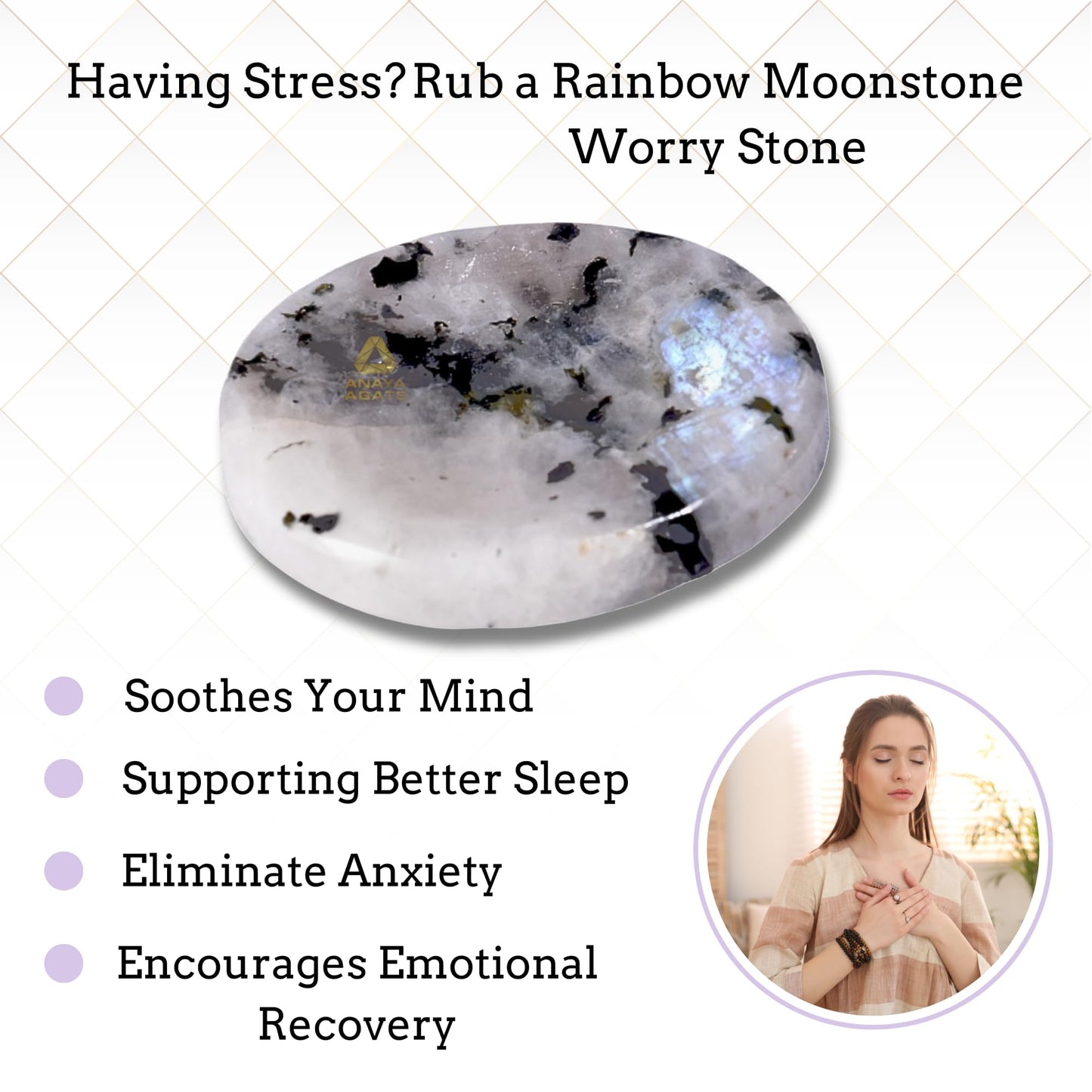 Anaya Agate Rainbow Moonstone Worry Stones Certified Crystal Thumb Worry Stone for Anguish, Relaxing and Soothing Balance Stones for Meditation, Stress Relief Crystals and Healing Stones for Men Women