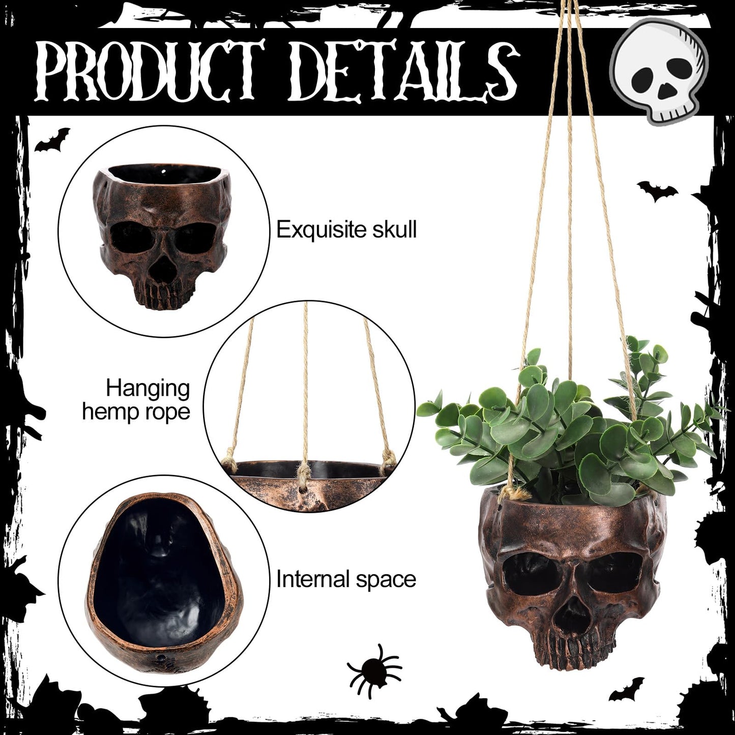 Romooa 2 Pack Hanging Skull Planter Pot with Ropes Gothic Skeleton Plant Pot Skull Candy Bowl for Succulent Plants Flowers Horror Head Wall Decoration (Bronze)