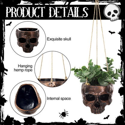 Romooa 2 Pack Hanging Skull Planter Pot with Ropes Gothic Skeleton Plant Pot Skull Candy Bowl for Succulent Plants Flowers Horror Head Wall Decoration (Bronze)