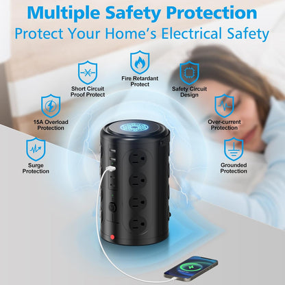Surge Protector Power Strip - Desk Charging Station with 15W Wireless Charger, Multiple Outlets Charging Station with 16 2300J AC Outlets & 5 USB (2 USB C) Port, for Home, Office, Dorm Room