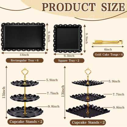 Remerry 16 Pcs Dessert Table Display Set 3 Tier Cupcake Stands Tower Holder Plastic Cookie Serving Trays Gold Serving Tongs for Tea Party Wedding Baby Shower Birthday Table Display(Black)