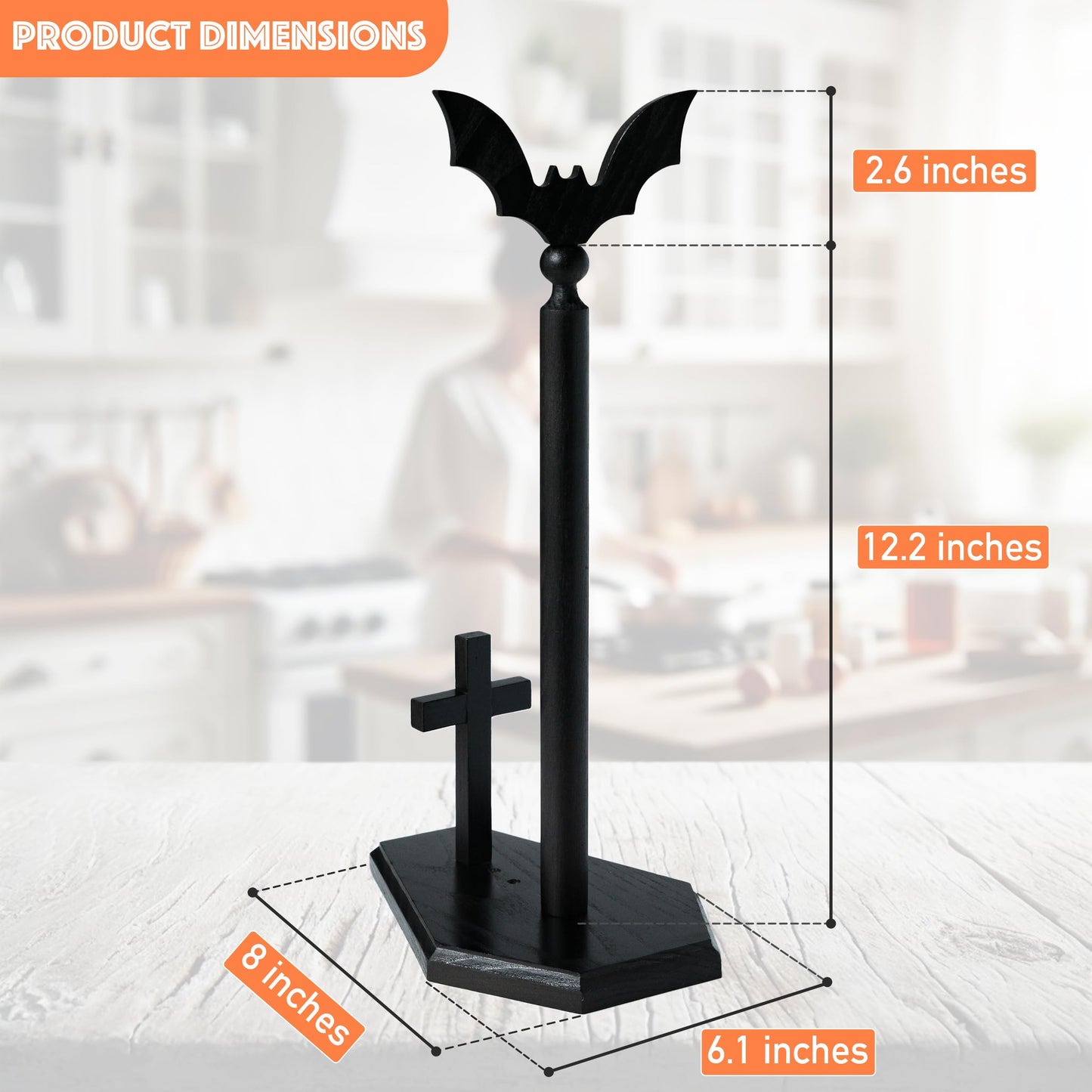 Kihomi Bat Paper Towel Holder with Suction Cups - Black Wooden Coffin Paper Roll Holder, Gothic Kitchen and Bathroom Accessory, Halloween Decor, Spooky Rustic Table and Witchy Gifts for Women (Bat)