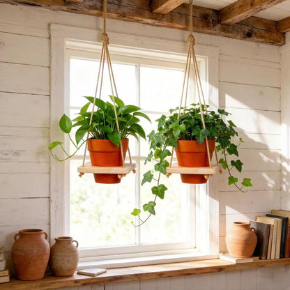 2 Pack Adjustable Hanging Plant Hanger, Hanging Planter Shelves for Indoor Plants, Hanging Flower Pots Holder, Wood Wall Hanging Planter Hanger for Window Ceiling Porch Deck Patio(Pots not Includ)