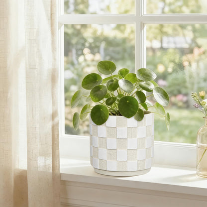Nature Crafted 5.5 inch Ceramic Plant Pots with Drainage Hole & Silicone Plug, Checker Ceramic Round Planter Flower Planter for Indoor Outdoor Plants Home Gardening Desktop Windowsill, White