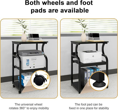 Natwind 3 Tier Printer Stand,Rolling Printer Table with Adjustable Storage Shelf for Home Office Organization,Multifunctional Shelves for Heat Press,3D Printer (Black)