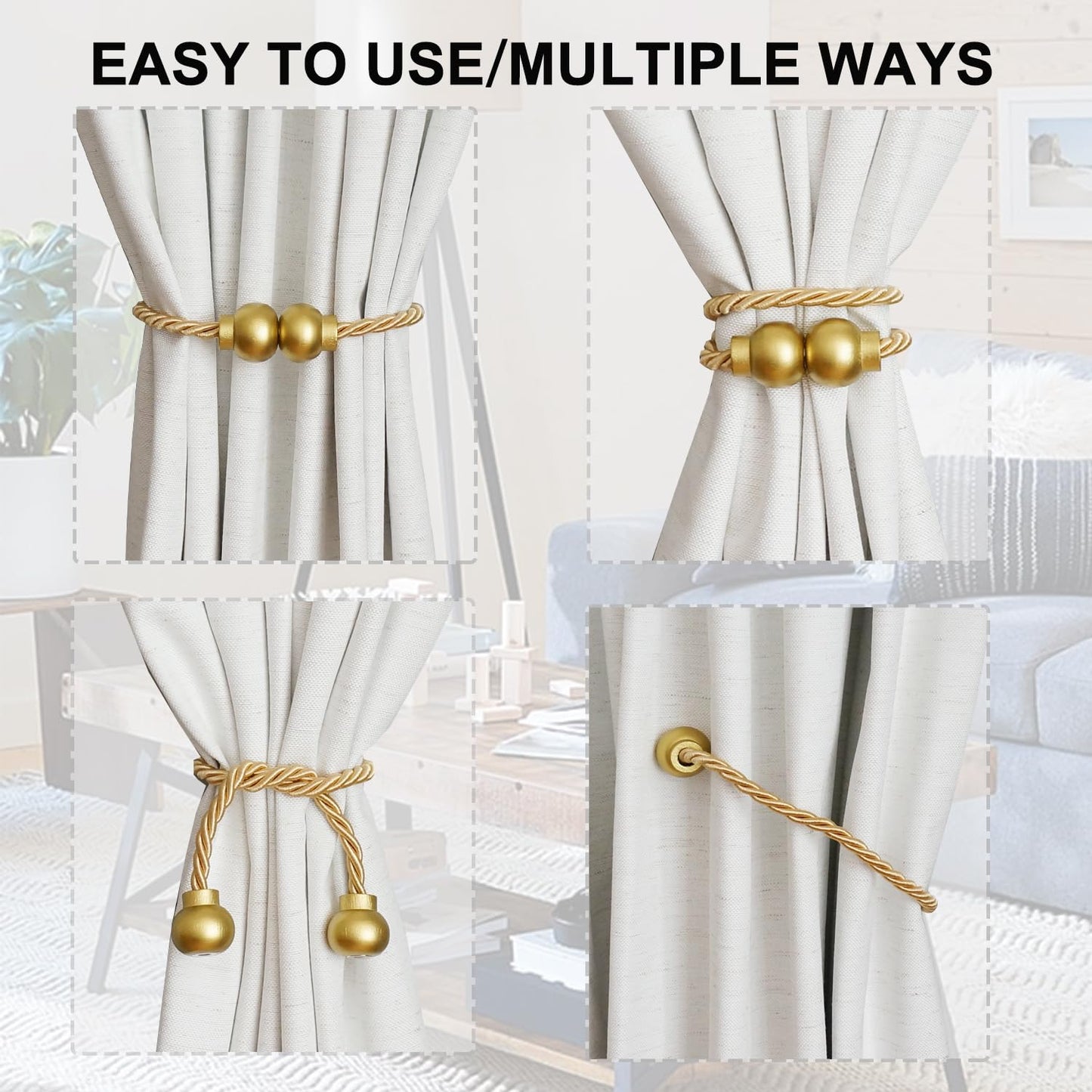 HIASTRA 4 Pack Magnetic Curtain Tiebacks Modern Handmade Rope Curtain Tie Backs Decorative Drapes Weave Holdbacks for Home Outdoor Bedroom Office Decorative Curtain, Gold