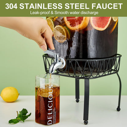 2 Gallon Beverage Dispenser with Stand and Lid, 18/8 Stainless Steel Spigot - Mason Jar Drink Dispensers with Lids, Glass Drink Dispensers for Parties