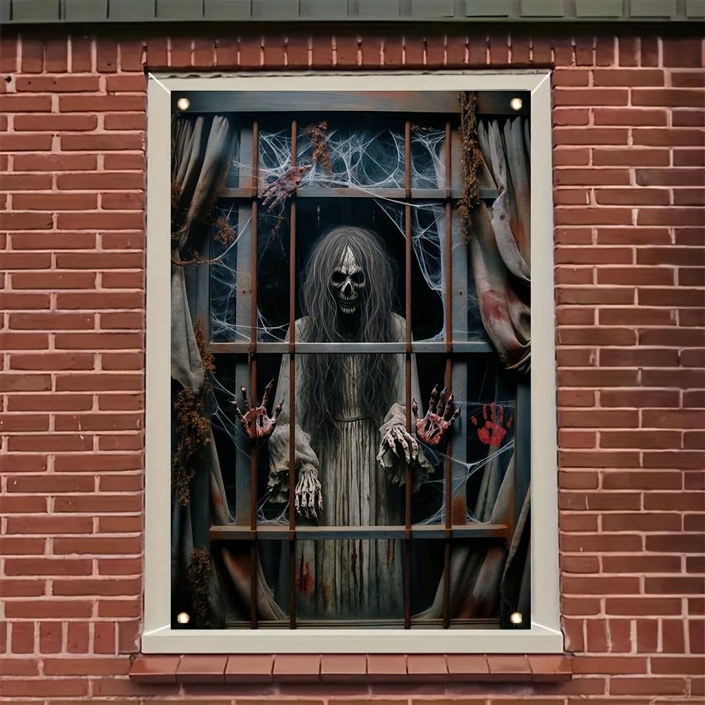 Tomhong Halloween Window Cover 31x47 Inch Scary Skeleton Ghost Window Banner HauntedHouse Decoration Bloody Hands Cobwebs Horror Indoor Outdoor Wall Spooky Party SeasonalDecor