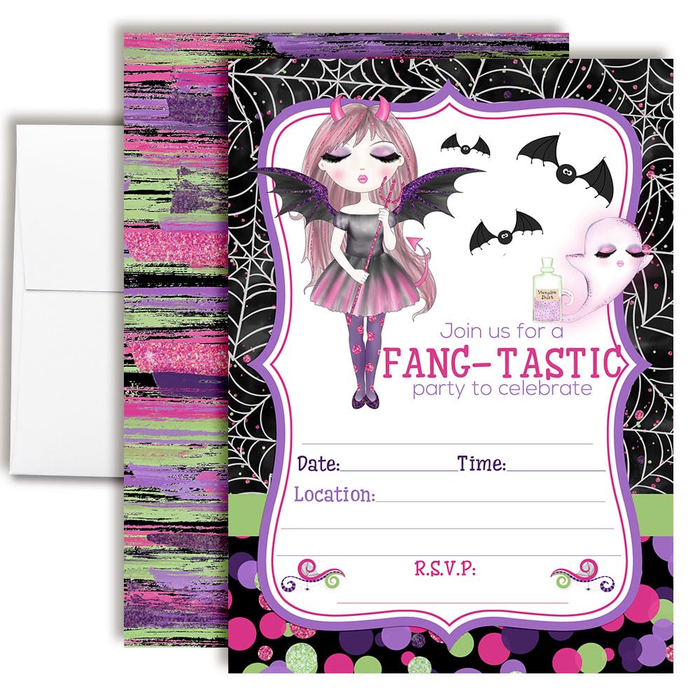 Fang-tastic Vampire Girl Halloween Theme 20 Birthday Invitations 5x7 Fill-In Cards with Envelopes, Kids Party Stationery Set, Cute Ghost Bat Polka Dot Spider Web Design, Made in USA by Amanda Creation
