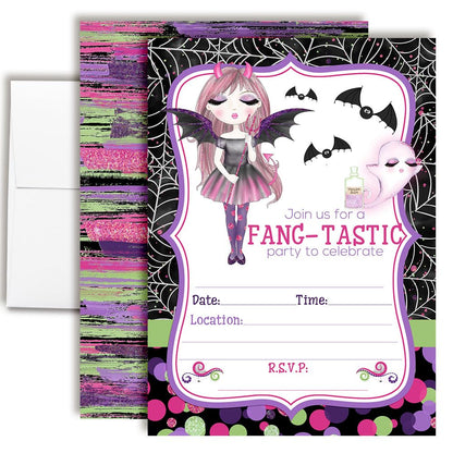 Fang-tastic Vampire Girl Halloween Theme 20 Birthday Invitations 5x7 Fill-In Cards with Envelopes, Kids Party Stationery Set, Cute Ghost Bat Polka Dot Spider Web Design, Made in USA by Amanda Creation