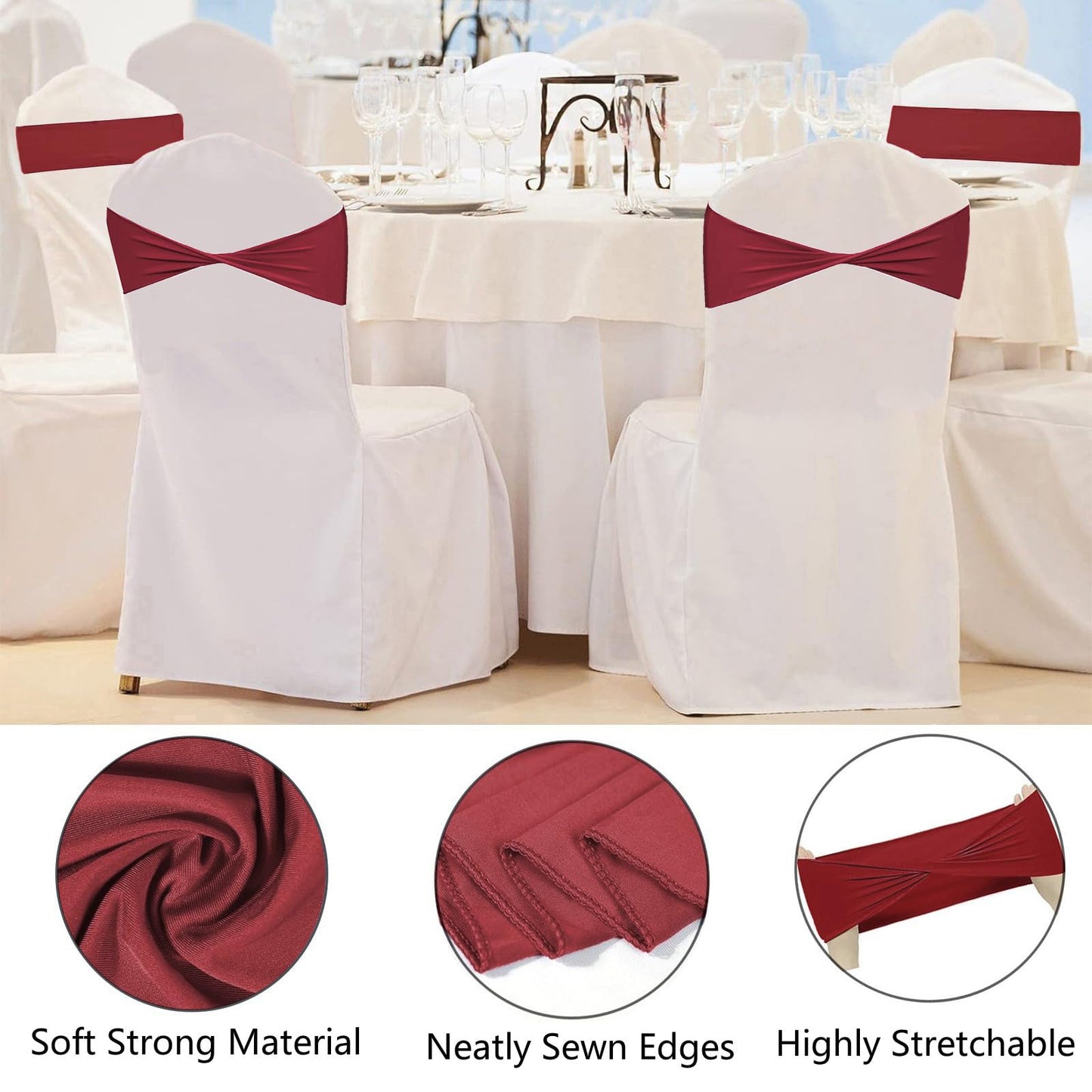 WYFMYD Spandex Burgundy Chair Sashes 50 Pcs Burgundy Sashes Bows Elastic Chair Cover Bands Ties Without Buckle for Wedding Party Events Ceremony Birthday