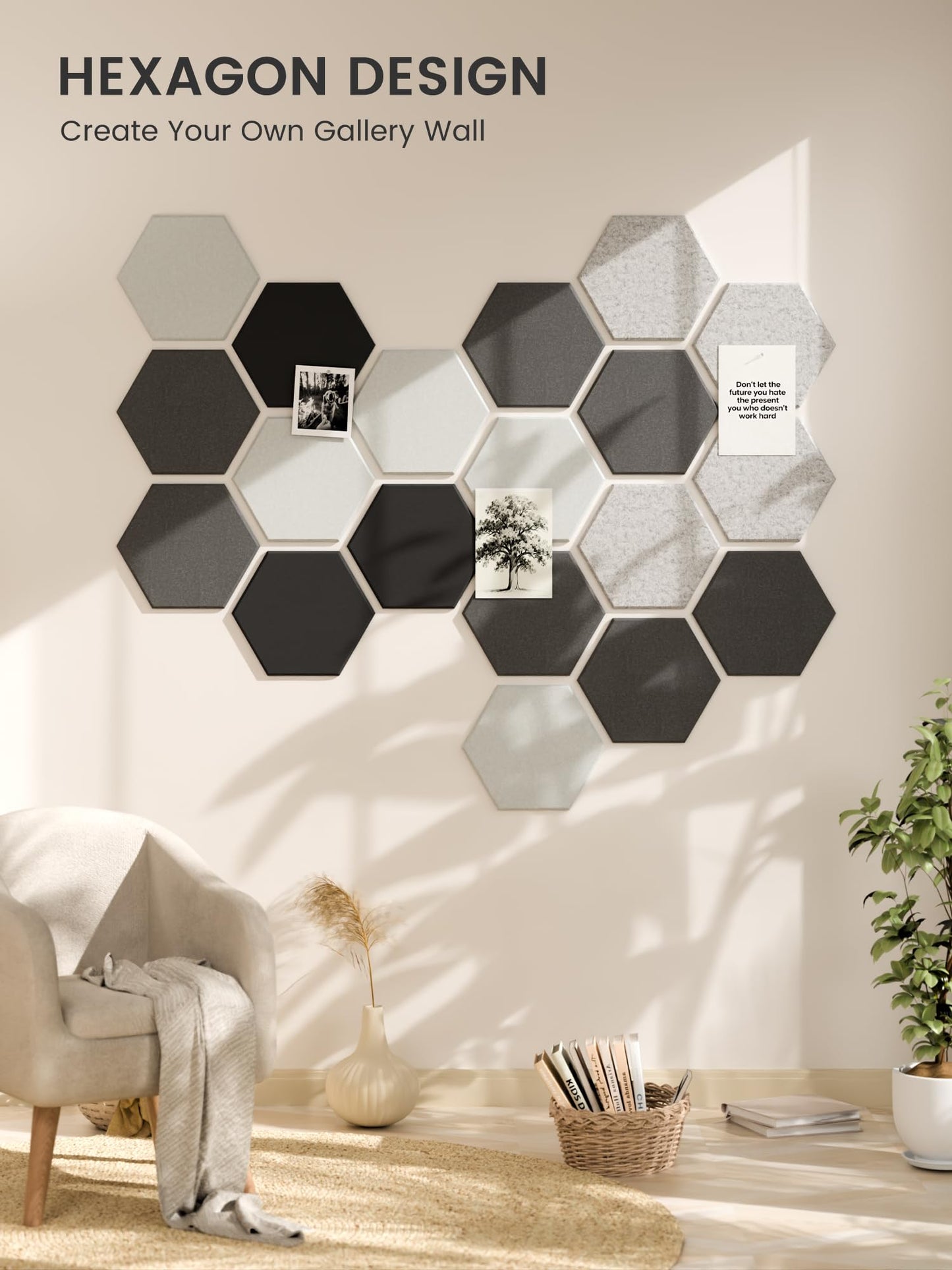 Fluxynara Hexagon Cork Board Alternative for Walls Decor-8-Pack Felt Bulletin Board Tiles,with 30 Pushpins,50 Adhesive Tabs for Office,Classrooms & Home Pin Board Felt Board-Concrete Echo