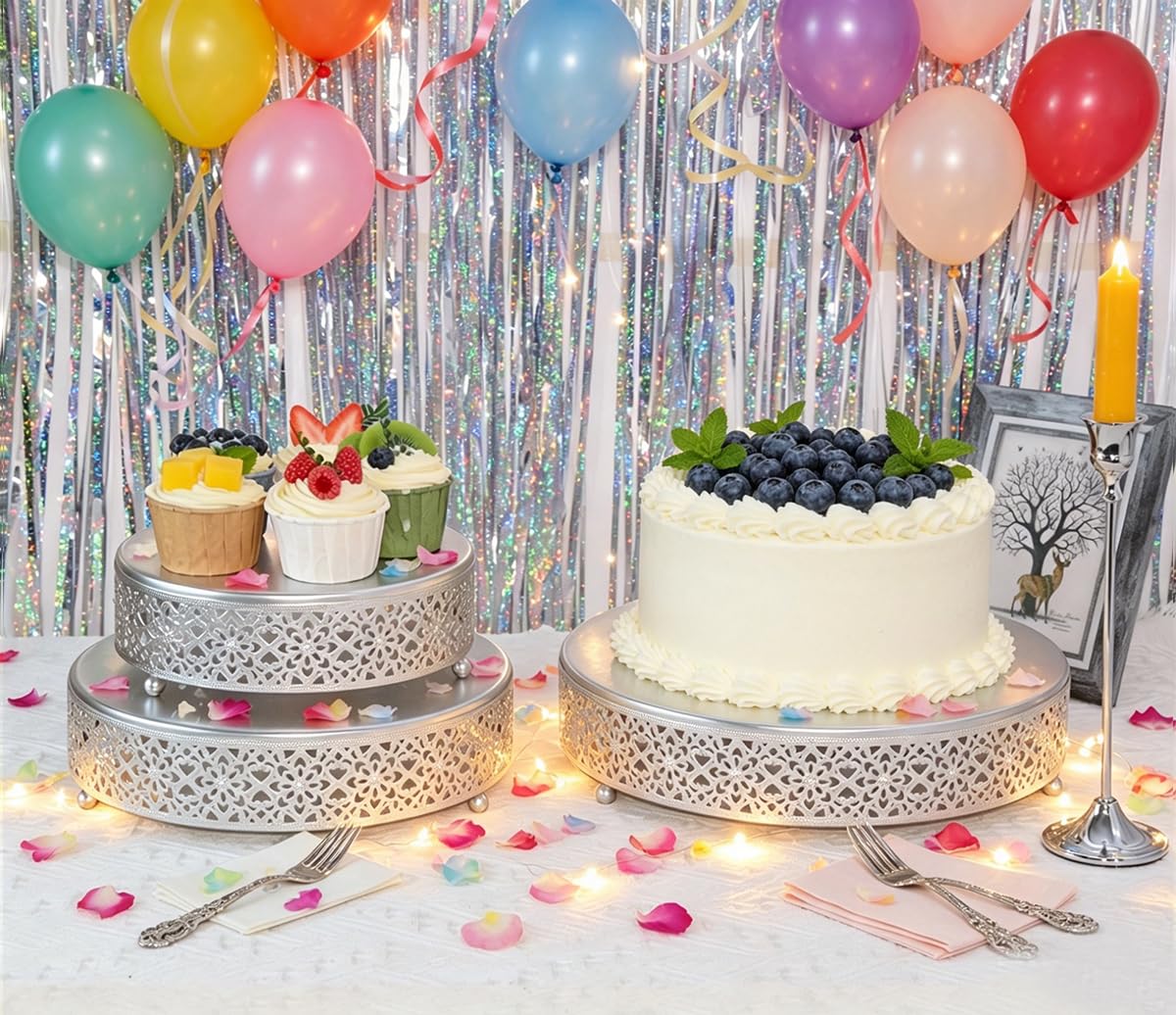 FEICTPOX Cake Stand Set of 3 Metal Cupcake Stands Dessert Display Plate for Wedding Party Birthday (3 Pcs, Matte Silver)