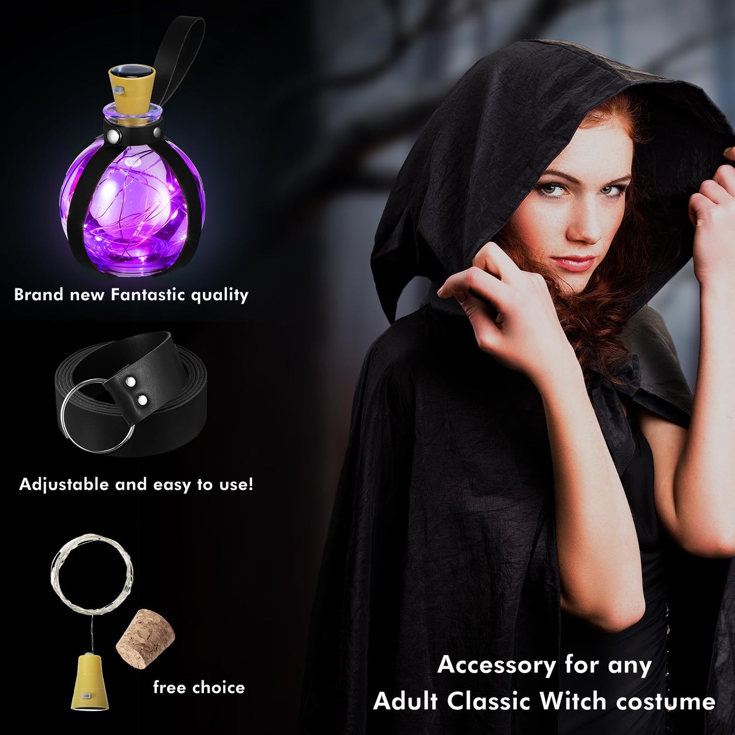 Geyoga Halloween Witch Potion Bottles Wizard Staff Solar Light up Medieval Renaissance Witch Accessories Dark Magic Cork Bottle with Belt Decor(Black with Purple Light)