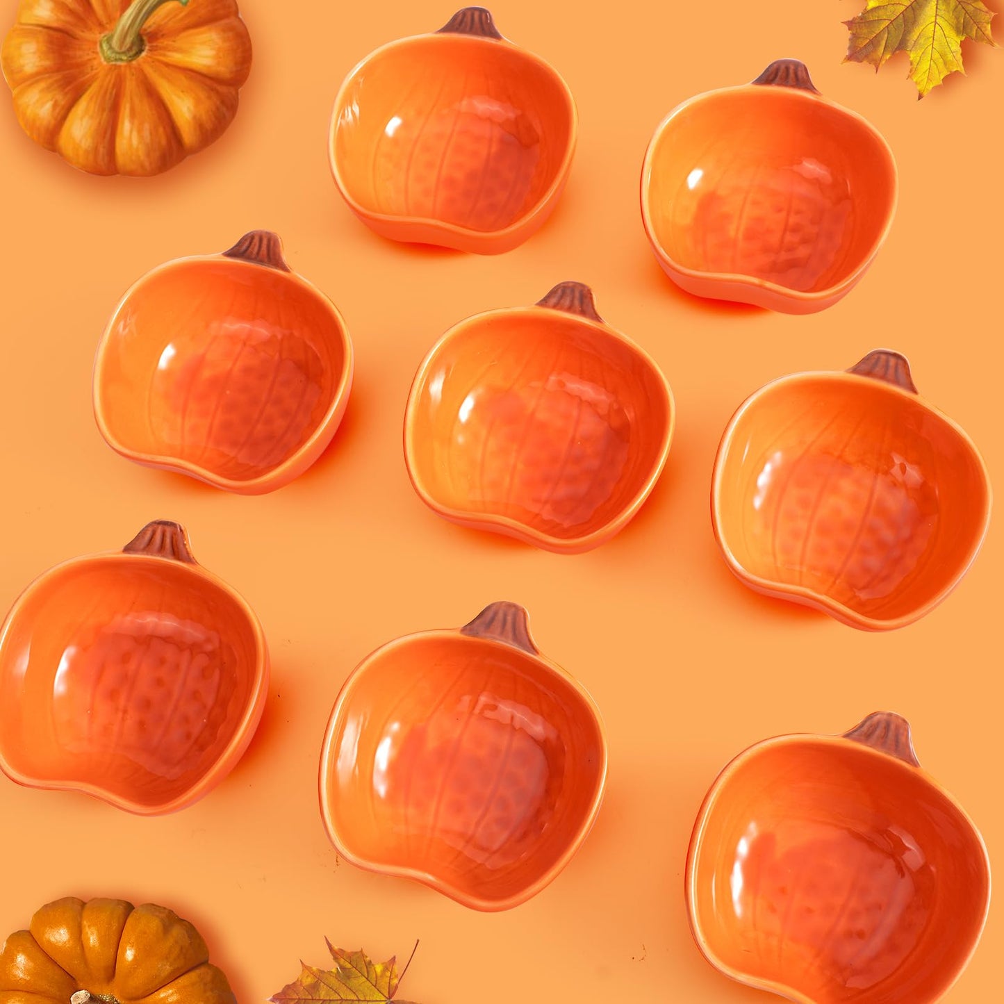 EIDIND 12 Pack Ceramic Pumpkin Bowls, 6 oz Small Fall Ramekins, Pumpkin Shaped Dishes for Halloween Thanksgiving Candy Snack Dip Sauce, Orange Mini Bowls for Autumn Party Decor