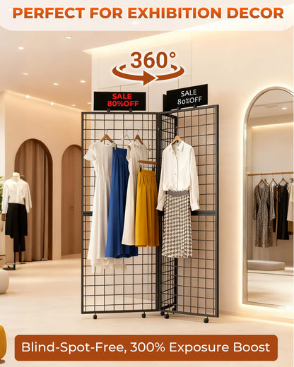 DEMEGA 360° Foldable Grid Wall Panel, Three 6' x 4.25' Ft Double Side Gridwall Display Stand with Notice board, Heavy Duty Sturdy Floorstanding Wire Grid Rack, Movable Wheel for Retail Art Craft Fairs