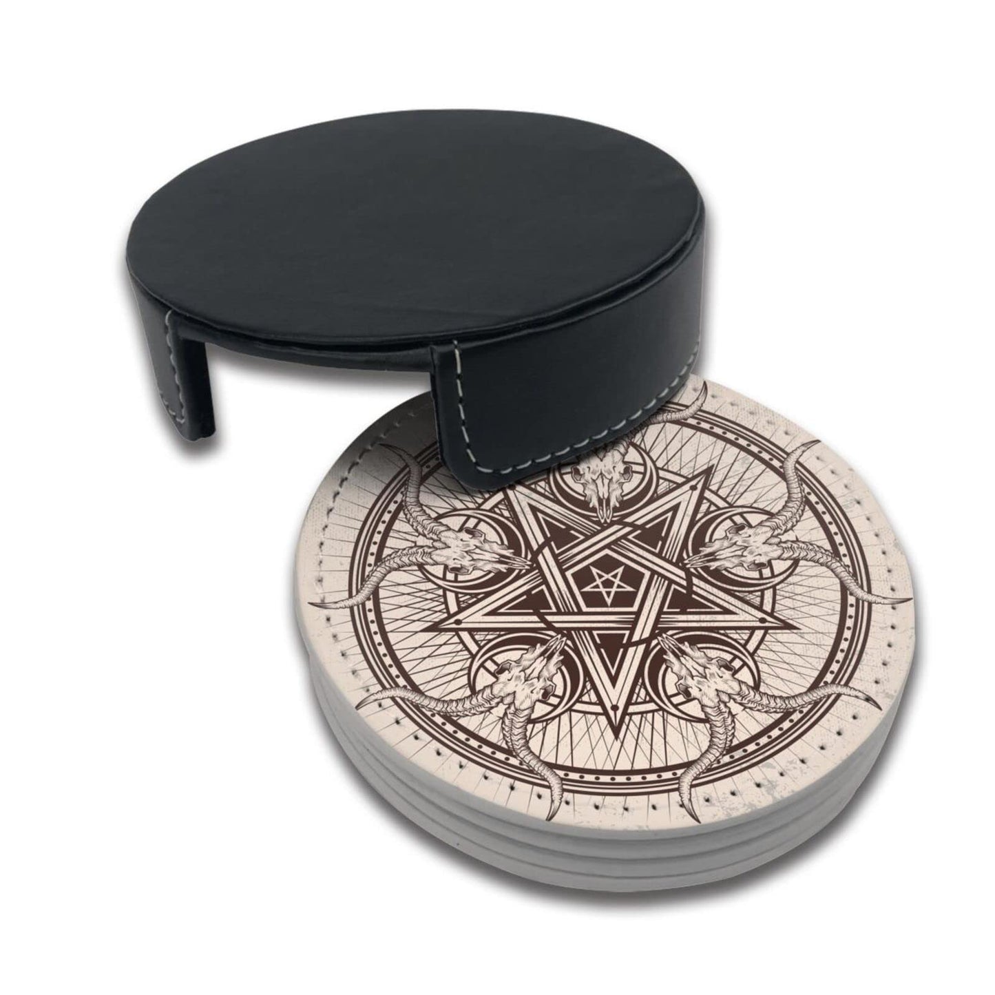 Satan Goat Skull Coasters for Drinks with Holder Leather Coasters Set of 6 for Coffee Table
