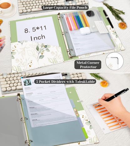 3 Ring 1 Inch Binder Organizer, KLLVE Three Ring Binders with Clipboard, 5 Pocket Divider with tabs, Folder, 18 Divider Stikers, Pen Loop (Leaves, Letter Size)