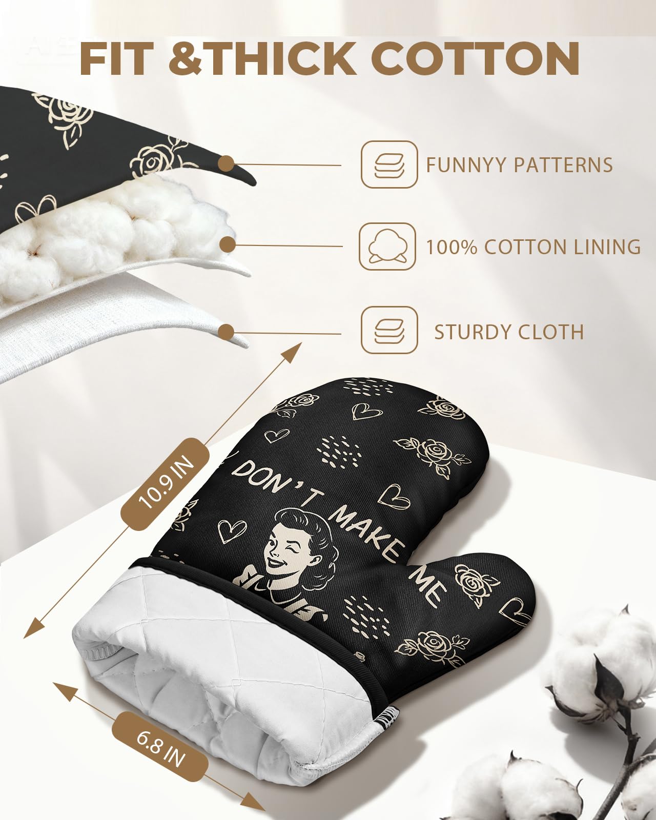 Slohif Funny Oven Mitts and Pot Holder for Women - Heat Resistant Black Cute Novelty Kitchen Oven Mittens 100% Cotton, Non-Slip Silicone Surface Pot Holder for Baking and Cooking Accessories