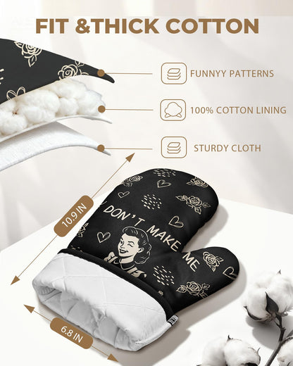 Slohif Funny Oven Mitts and Pot Holder for Women - Heat Resistant Black Cute Novelty Kitchen Oven Mittens 100% Cotton, Non-Slip Silicone Surface Pot Holder for Baking and Cooking Accessories