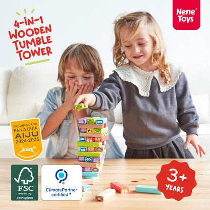 Nene Toys Wooden Tumble Tower Game with Animals & Colors, 4-in-1 Educational Family Board Game for Kids Ages 3-9, Creativity & Cognitive Skills Booster - Gift for Boys Girls 3+ Years