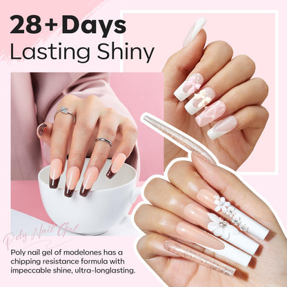 Modelones Poly Nail Gel Kit, 6 Colors Poly Extension Gel Clear Pink White with 48W U V/LED Lamp 3D Nail Charms Builder Slip Solution Complete Toe Manicure Supplies Tools for Starter