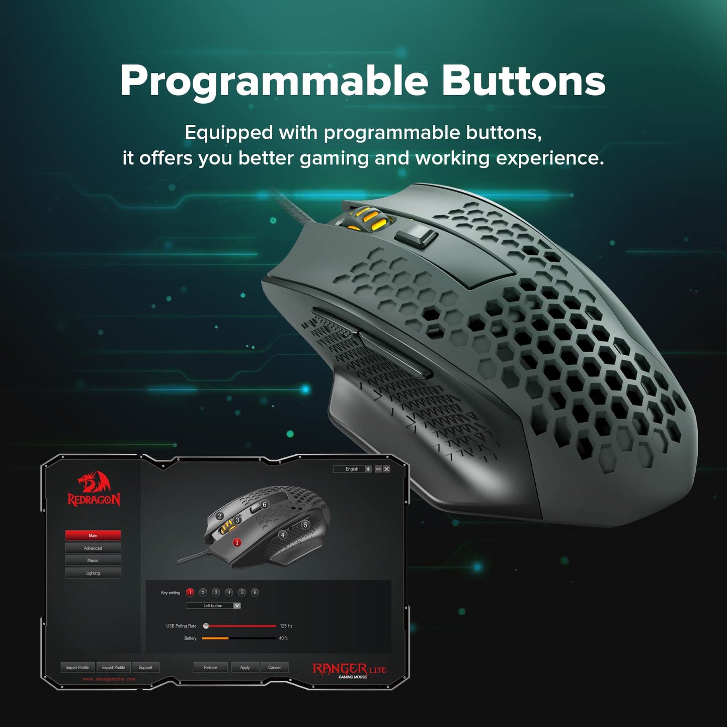 Redragon M725 Honeycomb Shell Gaming Mouse Wireless, Ultra Lightweight 49g, 8000 DPI Tri-Mode BT5.1/2.4GHz/Type-C Wired Gamer Mouse with 2 Side Buttons, Macro Programmable for PC/Mac/Laptop, Black