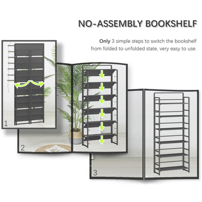 4NM No Assembly 6 Tiers Folding Bookshelf Storage Shelves Vintage Bookcase Standing Racks Study Organizer Home Office (All Black)