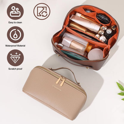 Cuteseason PU Leather Makeup Bag for Women, Structured Makeup Case with Wide Opening, Travel Cosmetic Bag with Compartments and Handle, Water-Resistant Makeup Organizer(Khaki, Lychee Grain)