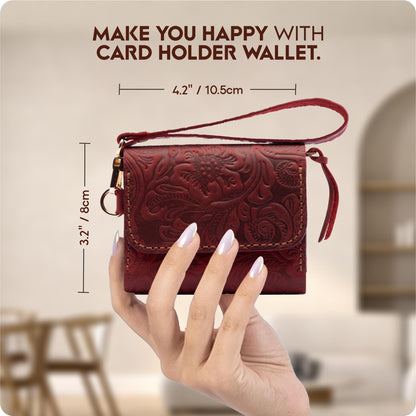 Toros Craft Handmade Wristlet Wallets for Women, Western Leather Small Credit Card Holder with Zipper, Minimalist & Cute Coin Pouch, Genuine Leather, Red