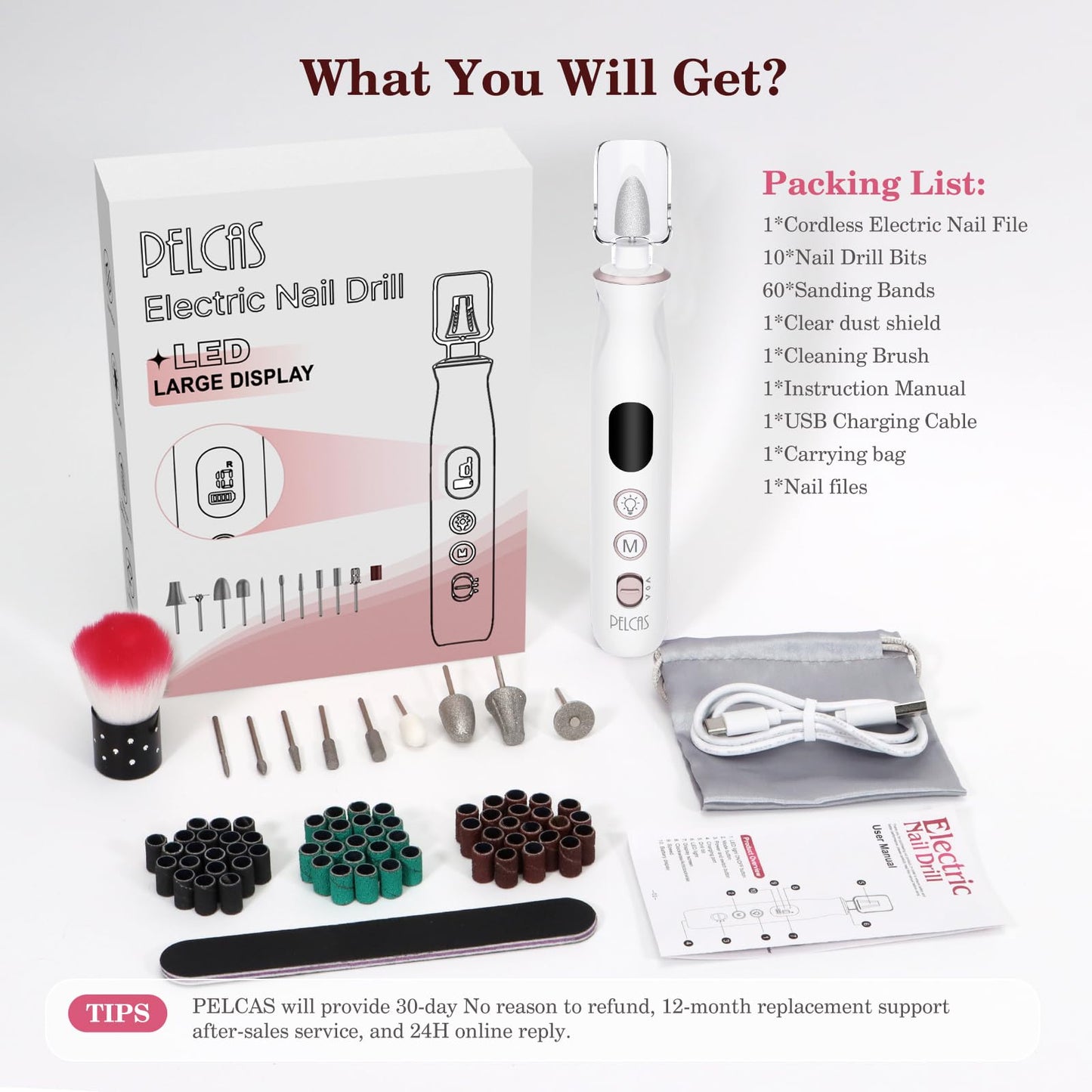 PELCAS Electric Nail Grinder, 10 Speeds Cordless Nail Drill with LED Light, Portable Manicure and Pedicure Kit, Nail File with LCD Screen for Human, Pet, Thick Toenails, Natural & Acrylic Nails Grey
