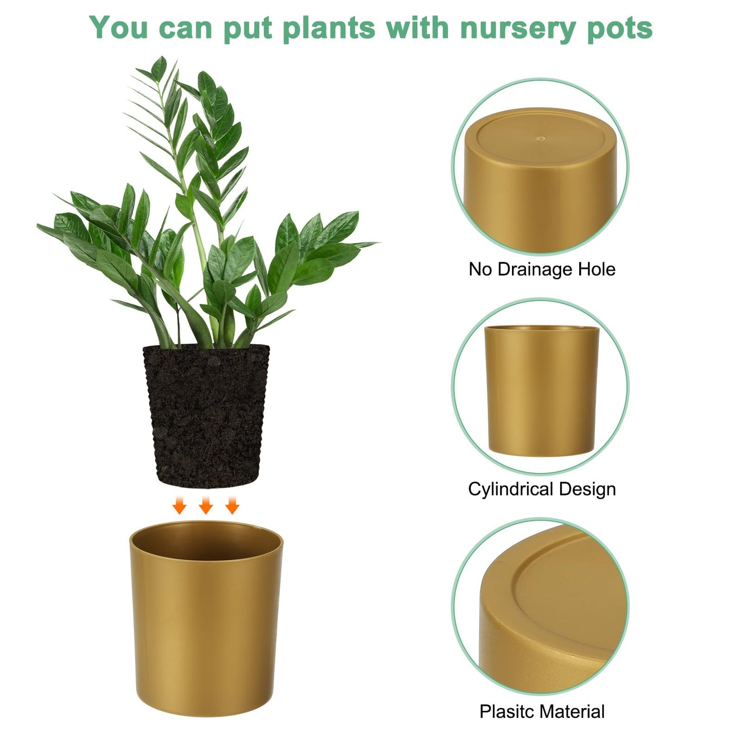 M METERXITY 2-Pack Plastic Plant Pots, 6 Inch Plastic Planters Round Flower Planter Containers Flower Pots for Indoor/Outdoor/Garden, Plant Holder [Gold Tone]