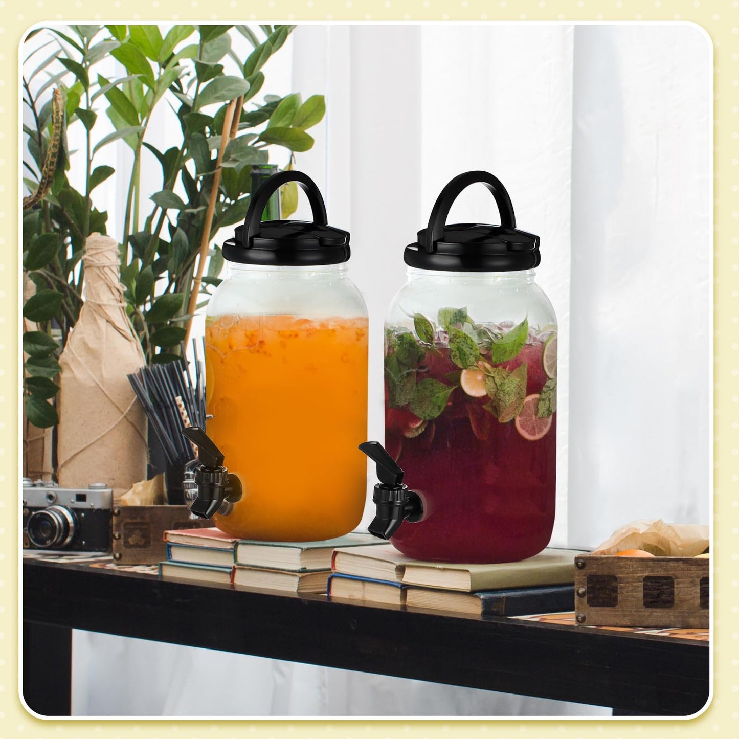 Havawish 2 Pcs 1 Gallon Plastic Beverage Dispenser with Spigot Clear Summer Kitchen Fridge Drink Dispenser for Parties Lemonade Juice Tea Beer Cold Water(Black,Cylinder)