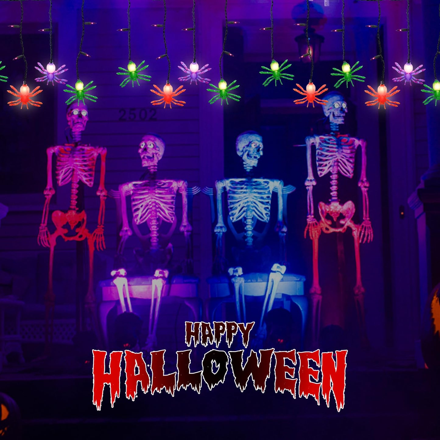 Bokoiuu Halloween Spider Lights 7FT, Spider Curtain Lights with 10 Spider Bulbs and 15 Mini Purple Bulbs, Plug in Hanging String Lights for Halloween Curtain Window Porch Indoor Outdoor Decor