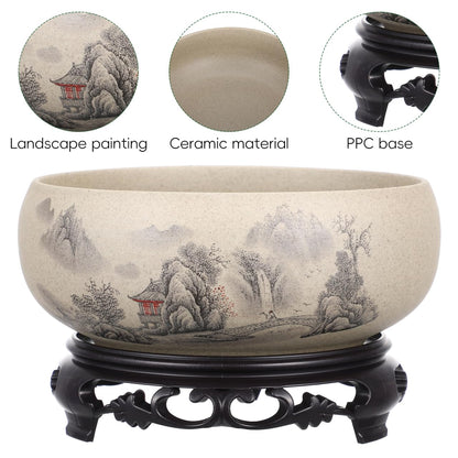 Kisangel Lotus Bowl Planter for Water Lilies, 6.68" No-Hole Coarse Pottery Water Lily Pot with Base, Compact Lotus Bowl for Indoor Zen Desktop Decor & Aquatic Plants