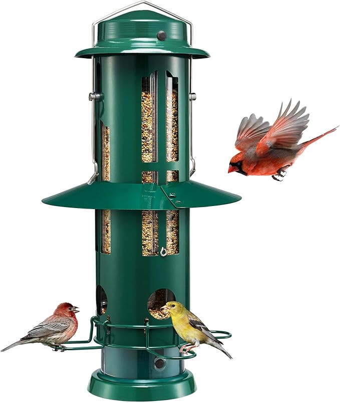 Kingsyard Squirrel Proof Bird Feeders with Weight-Activated Perches, Metal Wild Bird Feeder for Outdoors Hanging, 3 lb Large Seed Capacity, Green