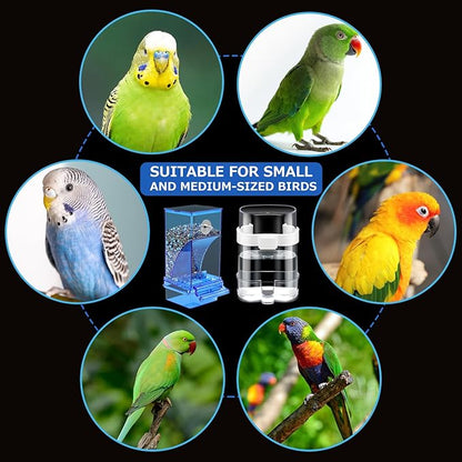 Yaomiao 8 Pcs No Mess Small Bird Feeders Automatic Parakeet Water Dispenser with 4 Pcs Cage Perch Clear Quail Feeder and Watered Cage Accessories for Small and Medium Parakeet Cockatiel Canary(Blue)