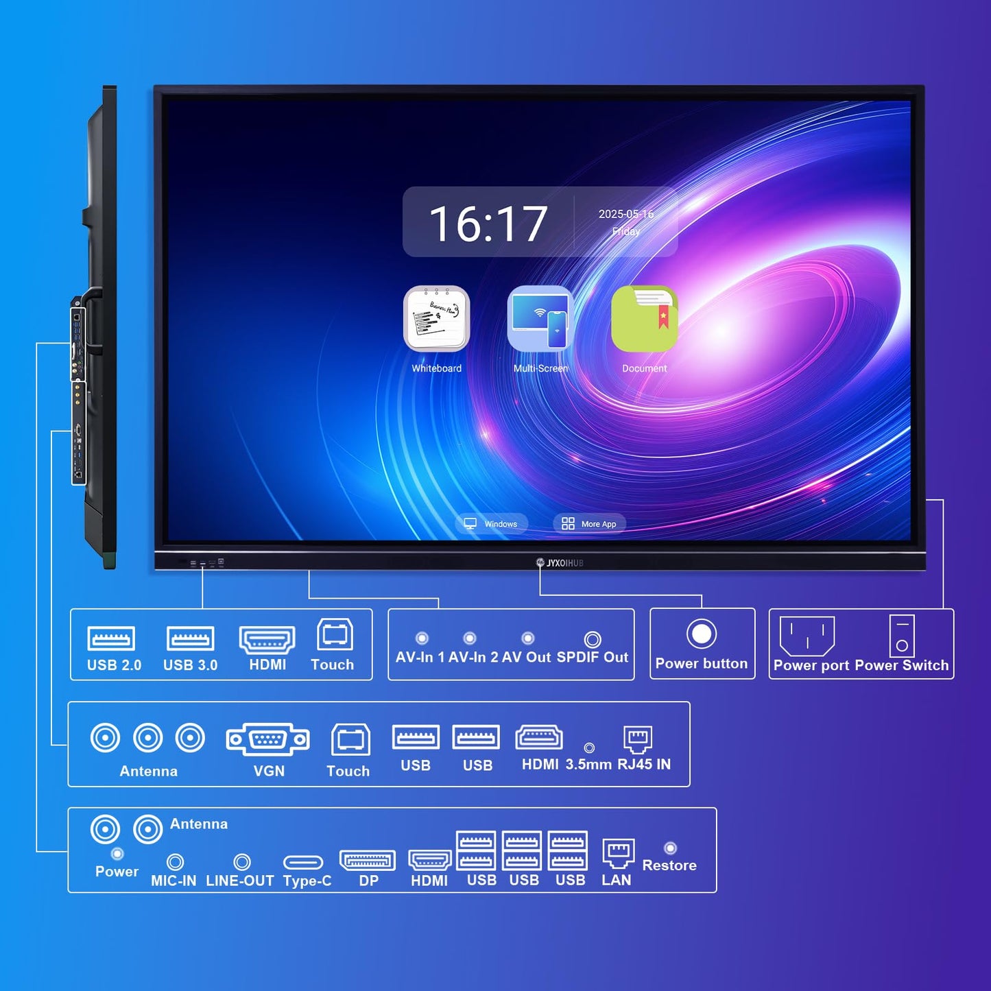 Interactive Whiteboard, 86inch Smart Board with 4K UHD Touch Screen Flat Panel, All in One Digital Electronic Whiteboard Built in Dual System for Conference