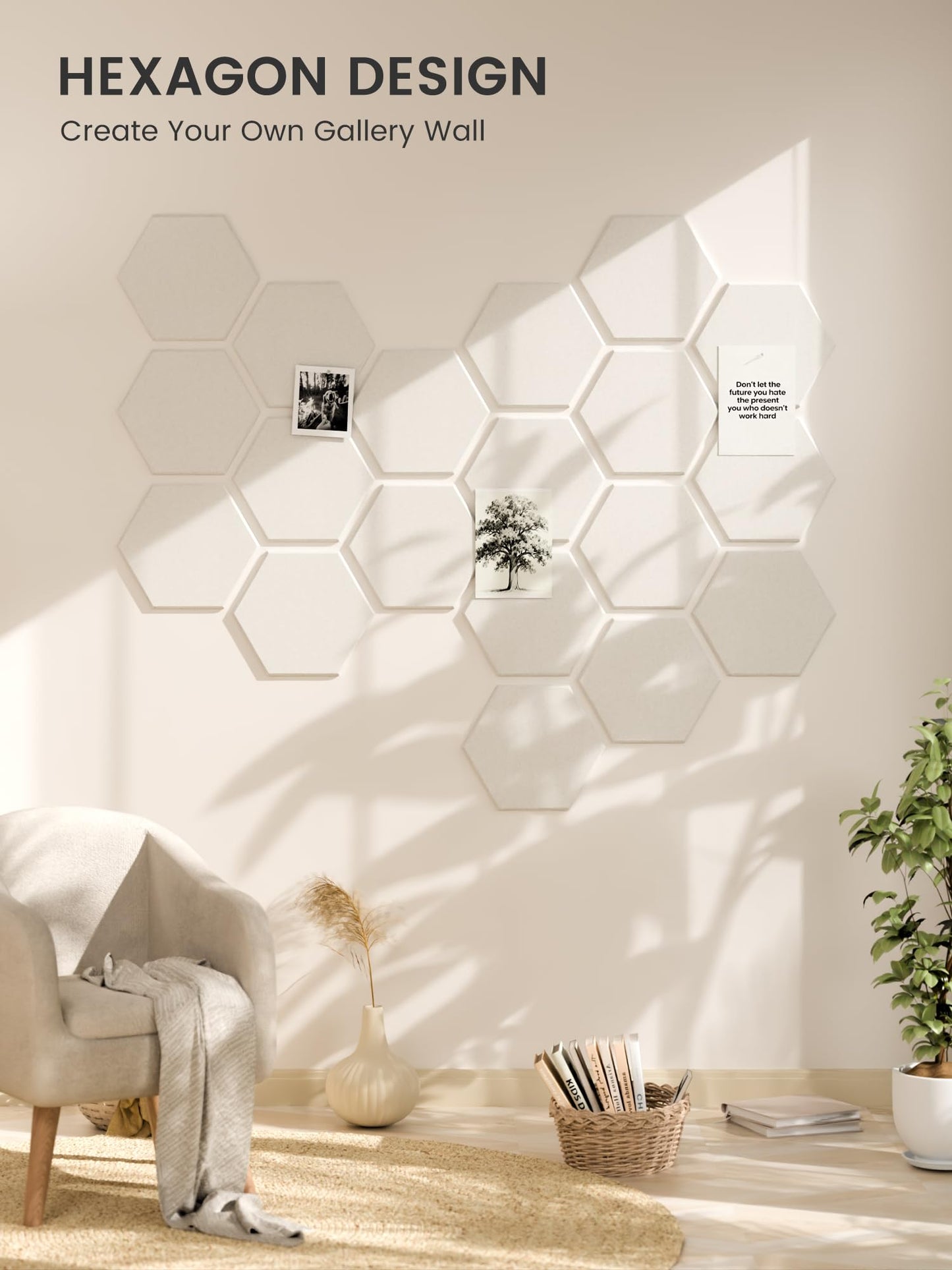 Fluxynara Hexagon Cork Board Alternative for Walls Decor-12-Pack Felt Bulletin Board Tiles,with 30 Pushpins,70 Adhesive Tabs for Office,Classrooms & Home Pin Board Felt Board-Milky White