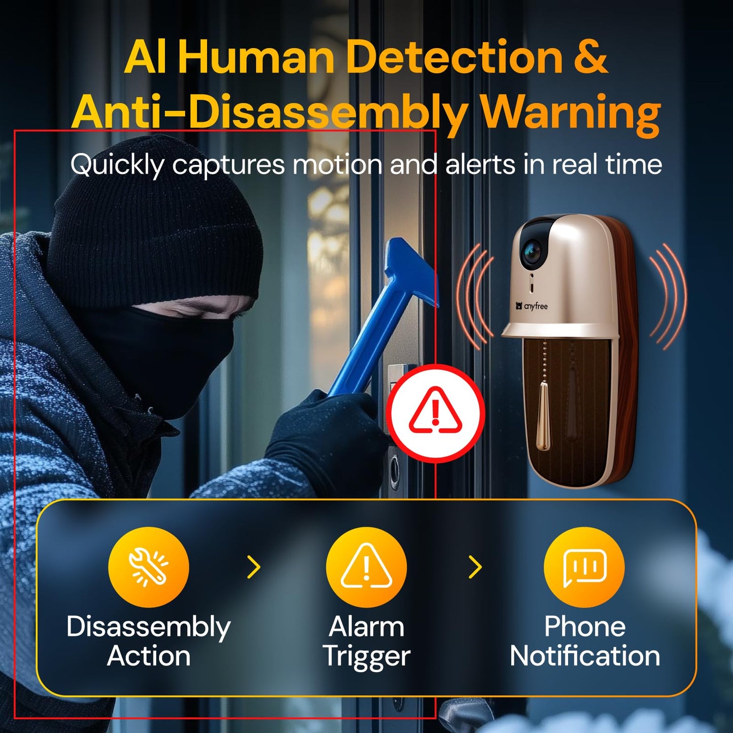 Doorbell Camera Wireless Video Doorbell with Chime, AI Motion Detection Doorbells with 2.4/ 5Ghz WiFi,Solar Assist Battery, HDR Night Vision,Long Distance 2-Way Talk, Local/AWS Cloud Storage